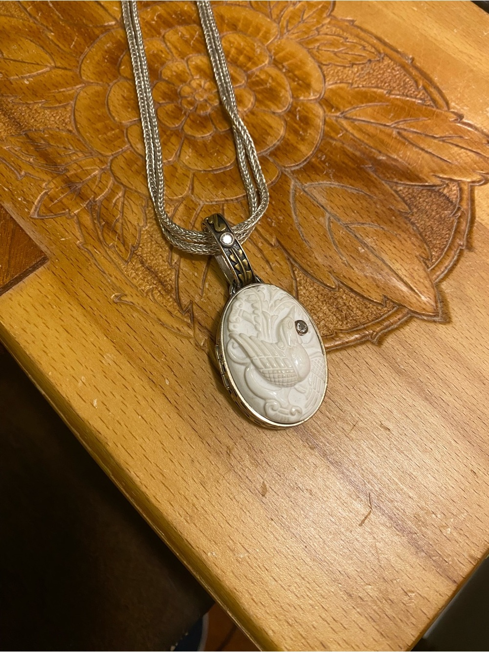 Echo of the Dreamer White Carved Agate Sterling Bronze Pendant/locket